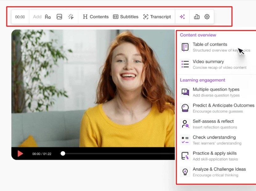 LearnWorlds AI Assistant for auto-transcripts, subtitles, translations in videos