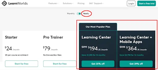 LearnWorlds Black Friday Discounted Pricing Plans