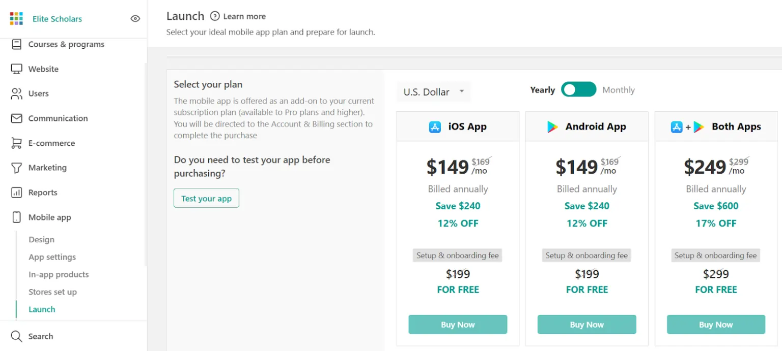 LearnWorlds Mobile Course App- Platform Charges and fees