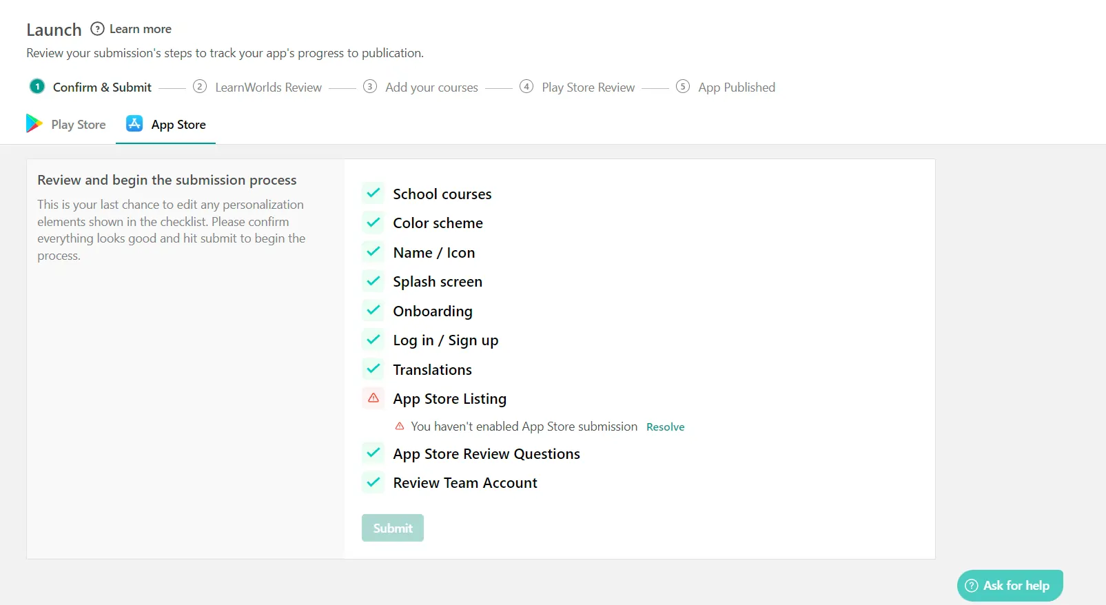 Review and submit you online course app through LearnWorlds dashboard
